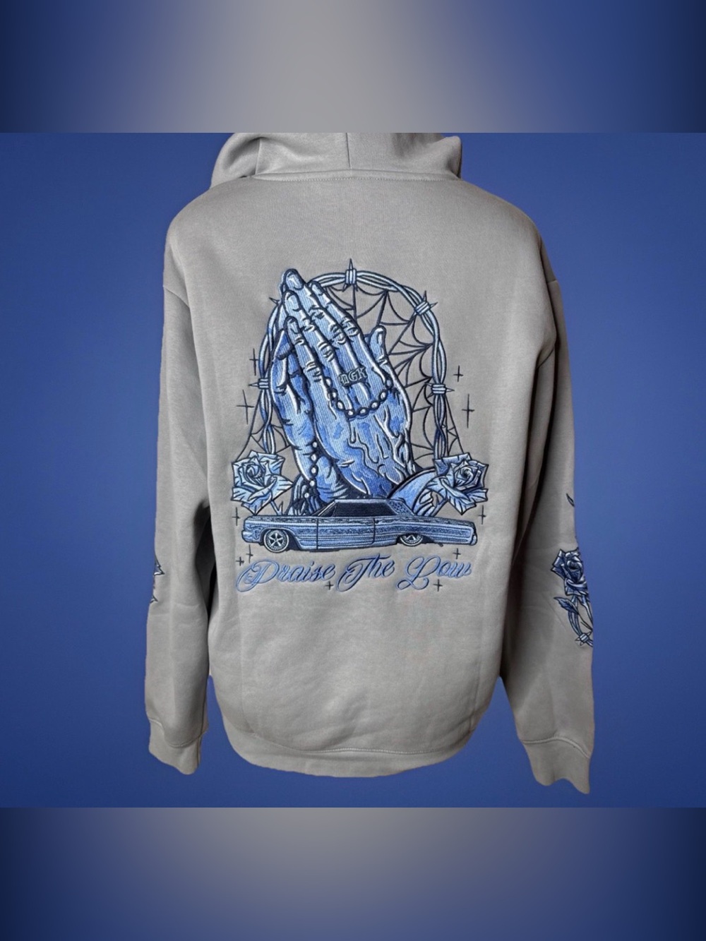 DGK Gray Crewneck Sweatshirt with Blue Praying Hands Graphic